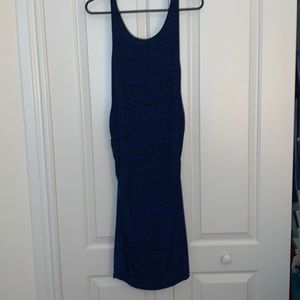 Blue patterned maternity dress.